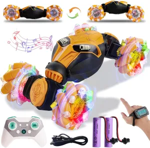 RC Cars Gesture Remote Control Car with Light Music 1:18 for Kids Age 6-12  Hand Controlled Rc Car 2.4GHz 4WD Rc Stunt Car Gesture Sensing Double Sided Off Road Vehicle Toy Gifts(Yellow,2 Batteries)