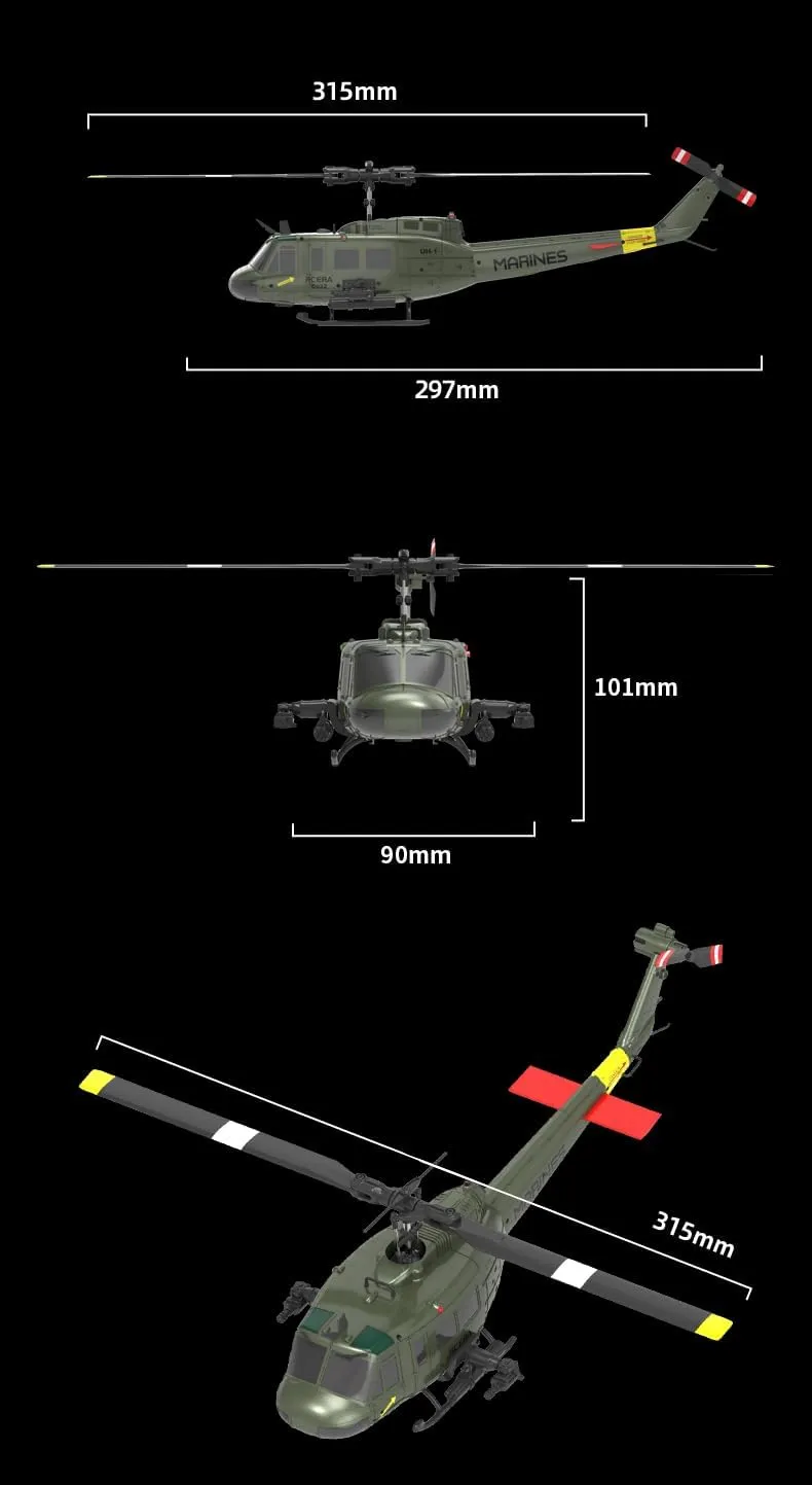RC ERA C032 RC Helicopter, 2.4G 6CH UH-1 Huey Flybarless RC Helicopter, 6-Axis Gyroscope Stabilization, with Altitude Hold & 3D Inverted Flight for Adults Enthusiasts, 1 Battery