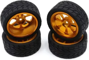 Rc Wheel Rim Tire for Wltoys 144001 144010 124007 124016 124019 for A959 959-B 4pcs 65mm Rubber Tire Metal Wheel Rim 12mm Hex for RC Car Upgrade Parts(Yellow)
