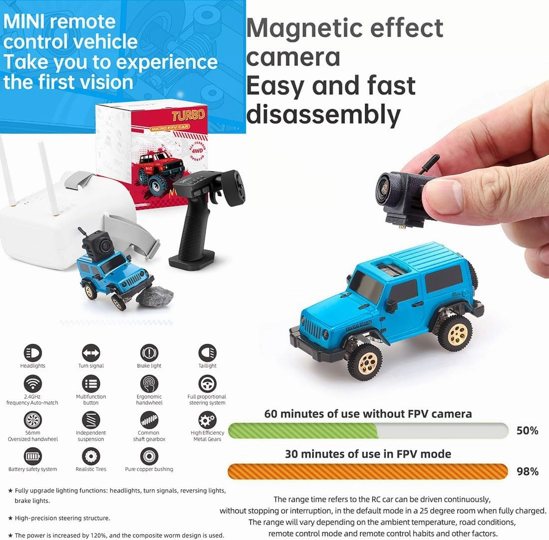 RC Mini Drift Car with FPV Goggles Camera, 1/64 Scale Mini 4WD Off-Road Climbing Car Electric 2.4G Romote Control Vehicle with LED for Adult - RTR/FPV Goggles Version