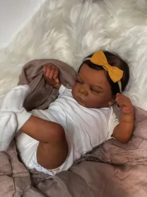 Reborn Baby Doll Black Girl Reborn Toddler Doll Silicone 19 Inch Realistic Newborn Girl Brown Skin Soft Cloth Body Real African American Baby Dolls with Hair Gift Box Toy Set for Kids Age 3 