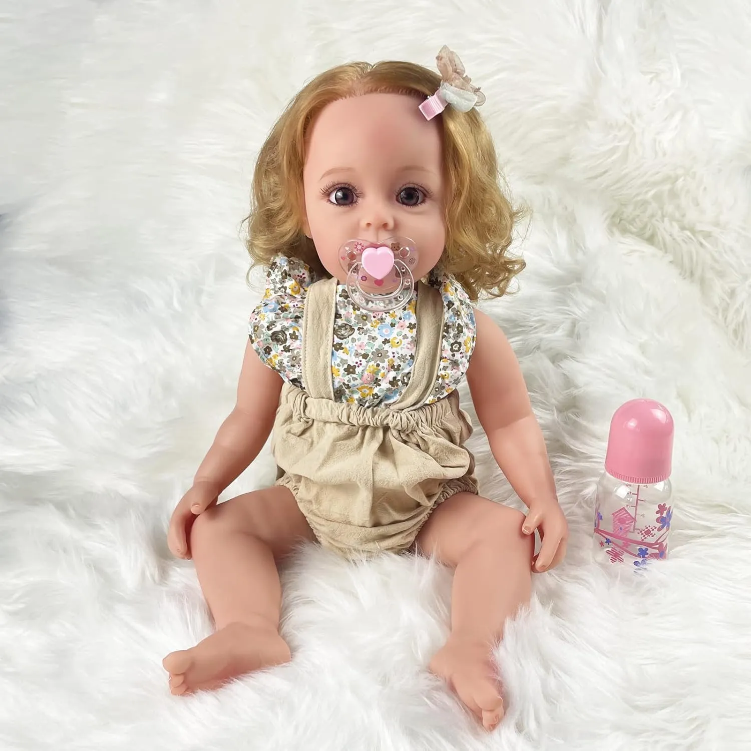 Reborn Baby Dolls Girl, 22" Beautiful Lifelike Doll Full Body Vinyl Silicone with Long Hair for Kids, Realistic Newborn Baby Doll with Feeding Toy for Birthday Christmas