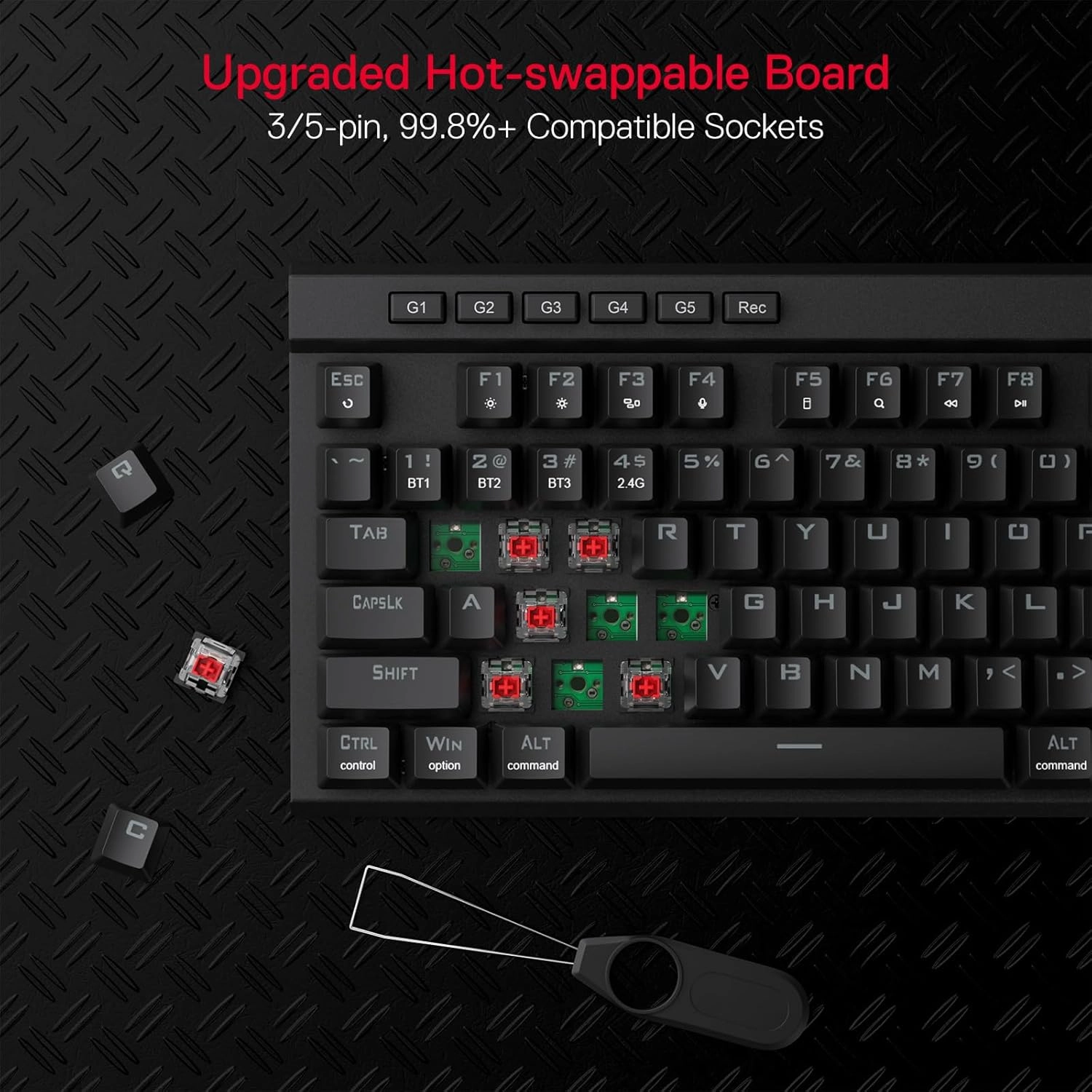 Redragon K580 PRO Wireless RGB Gaming Keyboard, 3-Modes 104 Keys Mechanical Keyboard w/Hot-Swap Socket, Dedicated Media Controls & Onboard Macro Recording, Linear Red Switch