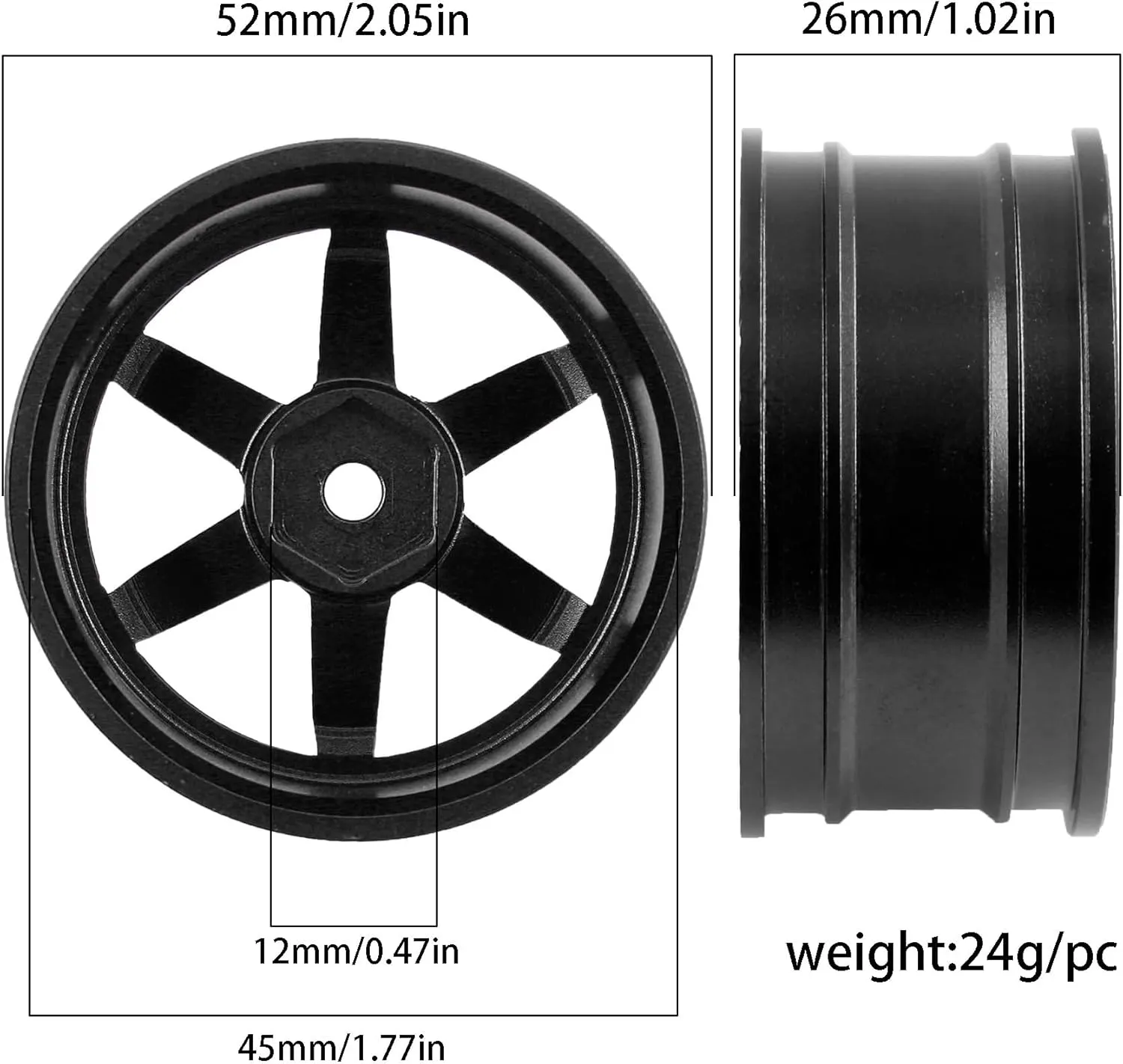 REDSPIDER • Aluminum 1/10 RC Drift Wheels 12mm Hex for 1:10 Rally Racing Car Tires Tamiya TT01 TT02 XV01 TA06 A959 PTG2 HPI KYOSHO HSP PTG2 Touring Street Tyres 4pcs (Black)