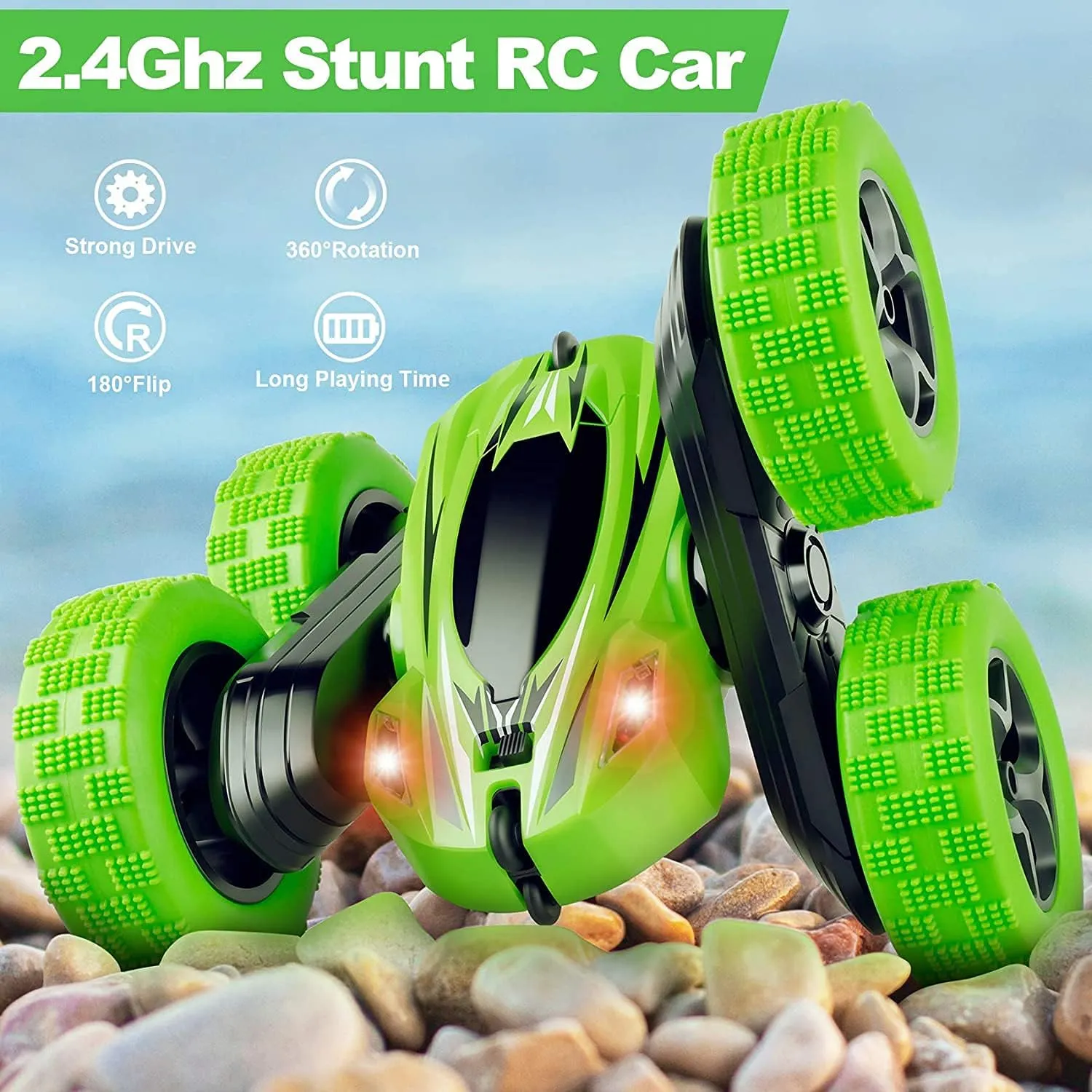 Remote Control Car, RC Cars 2.4GHz Fast Stunt RC Car, 4WD Double Sided 360° Rotating RC Trucks with Headlights, Off Road RC Crawler Toy Cars for Kids Boys Girls (Green)