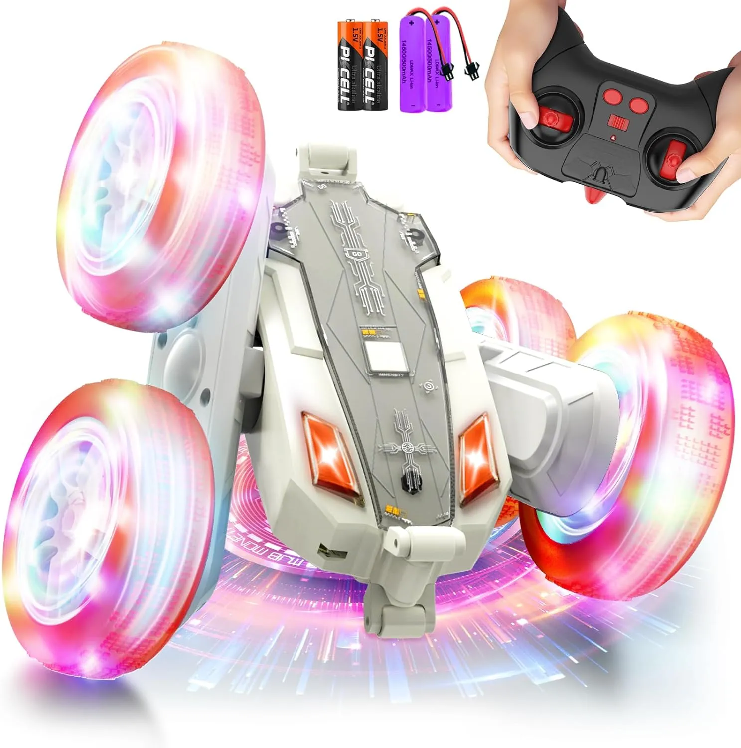 Remote-Control-Car-Stunt-RC-Car, New Upgraded 2.4Ghz 4WD Double-Sided 360° Rotating RC Crawler with Headlights & Wheel Lights, RC Truck Toy Cars Gift for Kids Boys and Girls Aged 6-12
