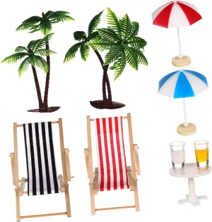 Resin Model Set Realistic Miniature Summer Decoration Beach Micro Landscape Deckchairs Tropical Umbrella Doll Trees for Parasol Decoration Accessories Plastic