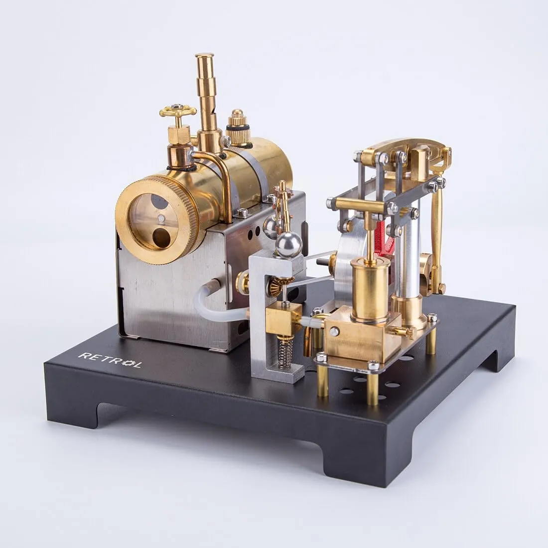 Retrol SE-01 Full Metal Stationary Beam Steam Engine Model and Horizontal Boiler Kit (84PCS) （with Retrol Mini Steam Generator and Lamp Scene）
