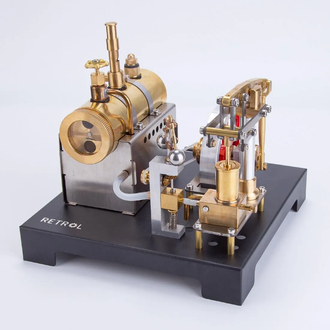 Retrol SE-01 Full Metal Stationary Beam Steam Engine Model and Horizontal Boiler Kit (84PCS) （with Retrol Mini Steam Generator and Lamp Scene）