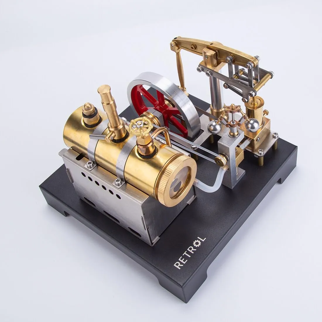 Retrol SE-01 Full Metal Stationary Beam Steam Engine Model and Horizontal Boiler Kit (84PCS) （with Retrol Mini Steam Generator and Lamp Scene）