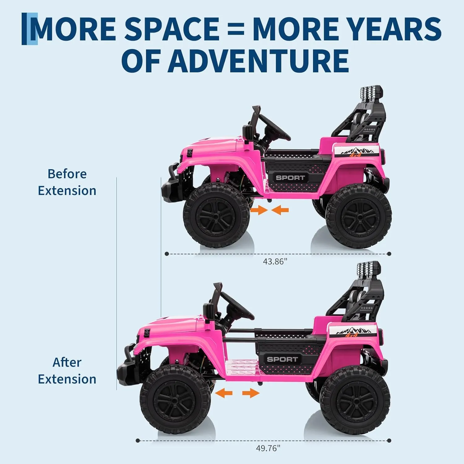 Ride On Truck for Kids, Adjustable Car Body, 4WD 24V Ride on Toys for Big Kids, Remote Control, 2 Seater, 3 Speeds, LED Lights, Music, ASTM/CPSIA Certified, Pink