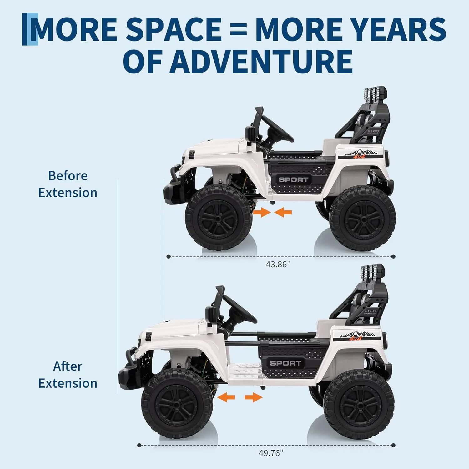 Ride On Truck for Kids, Adjustable Car Body, 4WD 24V Ride on Toys for Big Kids, Remote Control, 2 Seater, 3 Speeds, LED Lights, Music, ASTM/CPSIA Certified, White