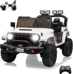 Ride On Truck for Kids, Adjustable Car Body, 4WD 24V Ride on Toys for Big Kids, Remote Control, 2 Seater, 3 Speeds, LED Lights, Music, ASTM/CPSIA Certified, White