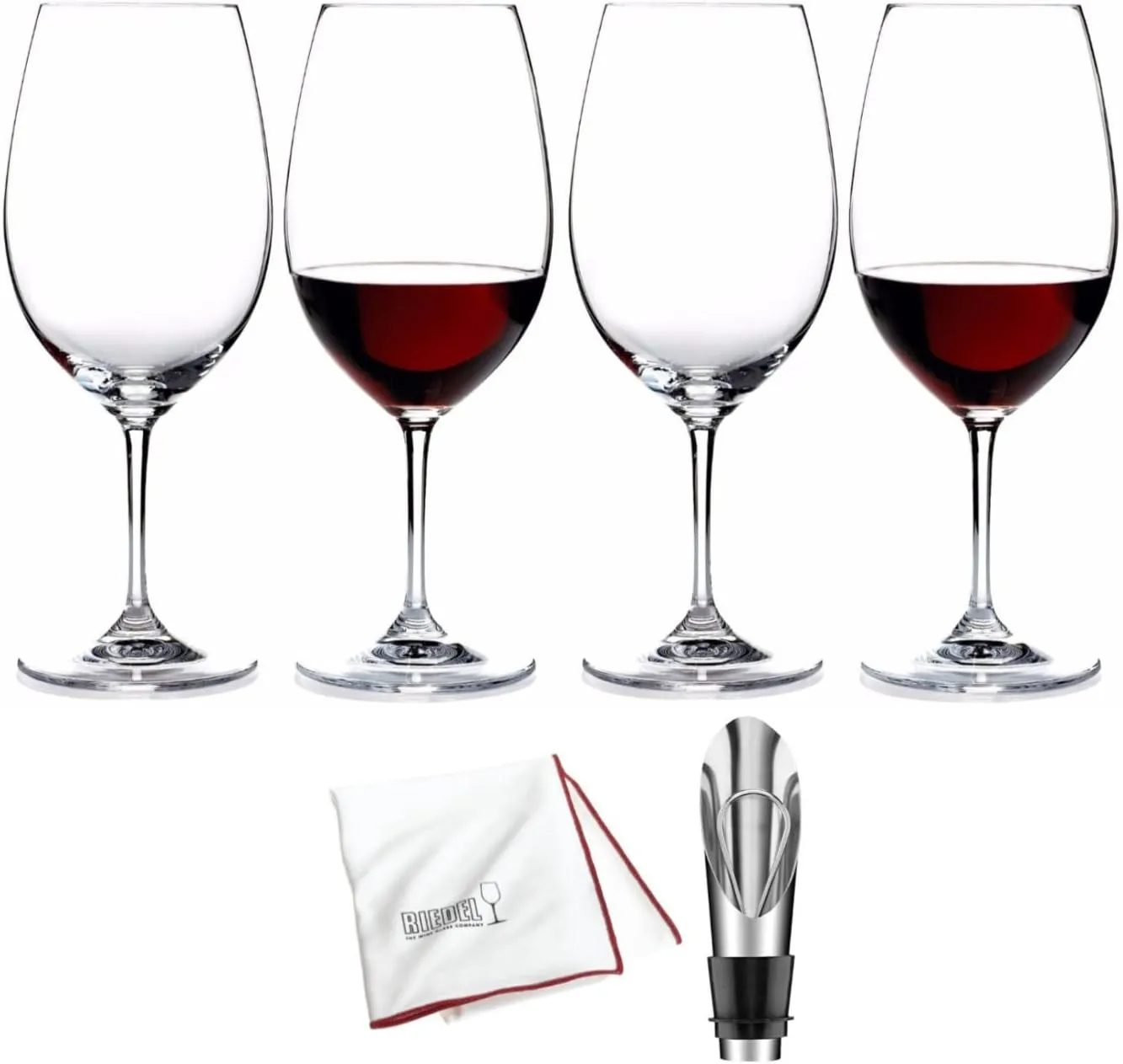 Riedel Ouverture Red Wine Glass (4-Pack) Bundle with Wine Pourer and Polishing Cloth (6 Items)