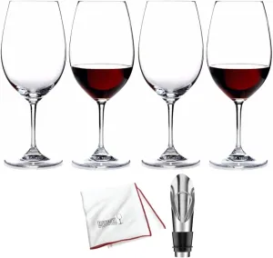 Riedel Ouverture Red Wine Glass (4-Pack) Bundle with Wine Pourer and Polishing Cloth (6 Items)