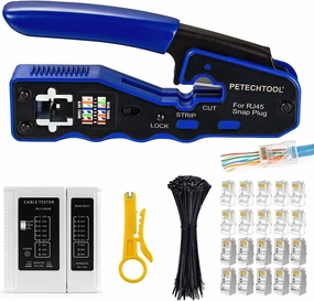 RJ45 Crimp Tool All-in-one Ethernet Crimping Tool Stripper Cutter for Pass Through Cat5 Cat6 Connectors with Cable Tester and Cat6 UTP and Shield Connectors and Black Cable Tie