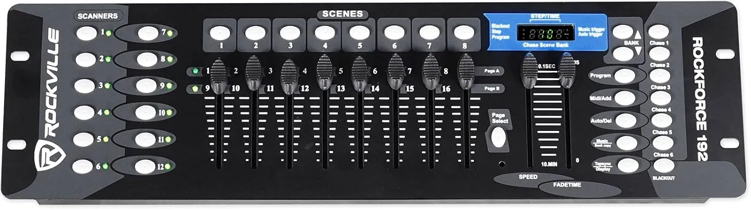 Rockville ROCKFORCE 192-Channel DMX Lighting Controller, Sound-Activated, Programmable Scenes, LCD Display, Perfect for DJs and Live Events