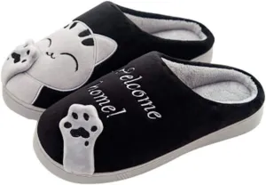 Rojeam Ladies Cute Cat Animal Plush Slip On Winter Warm Bedroom Shoes Non Slip House Slippers for Women Men