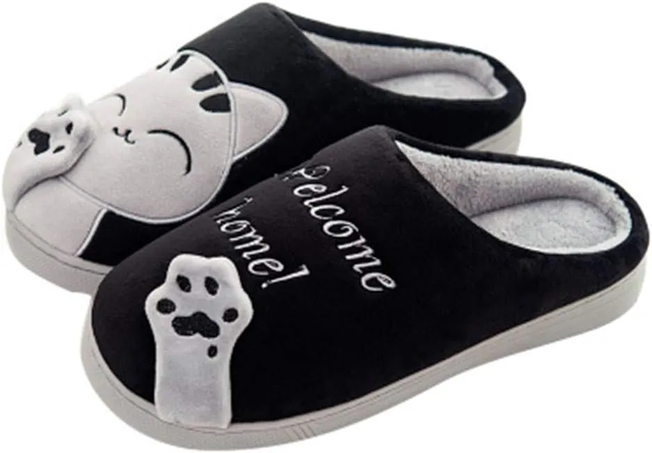 Rojeam Ladies Cute Cat Animal Plush Slip On Winter Warm Bedroom Shoes Non Slip House Slippers for Women Men