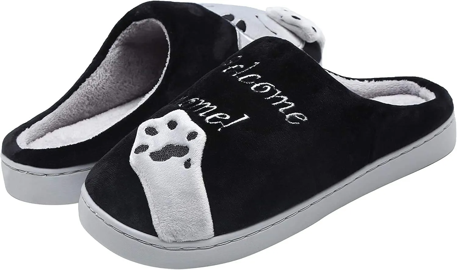 Rojeam Ladies Cute Cat Animal Plush Slip On Winter Warm Bedroom Shoes Non Slip House Slippers for Women Men