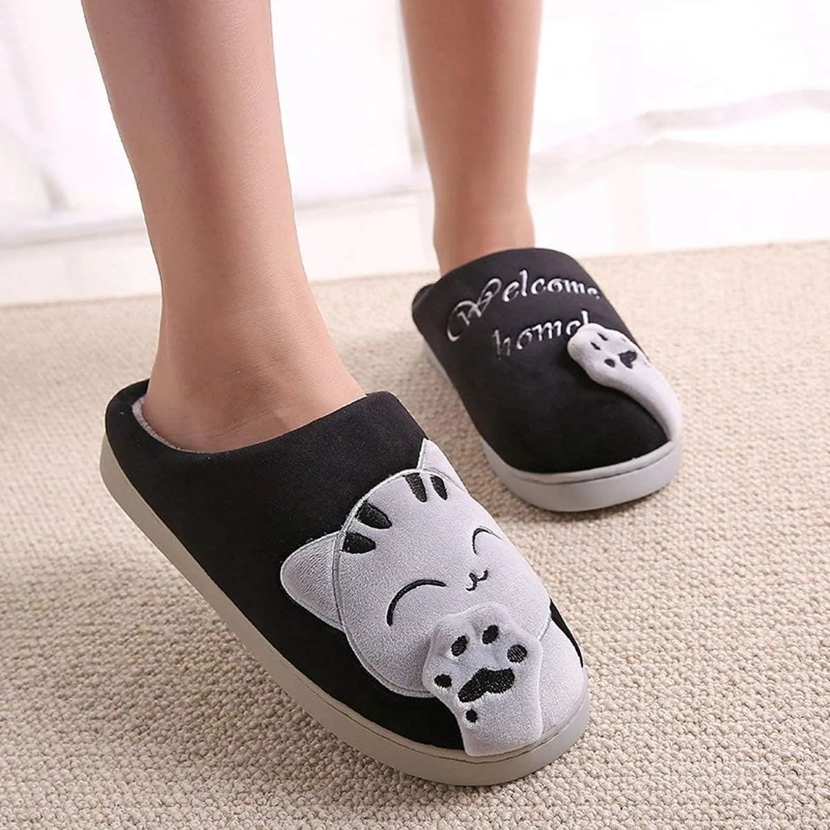 Rojeam Ladies Cute Cat Animal Plush Slip On Winter Warm Bedroom Shoes Non Slip House Slippers for Women Men