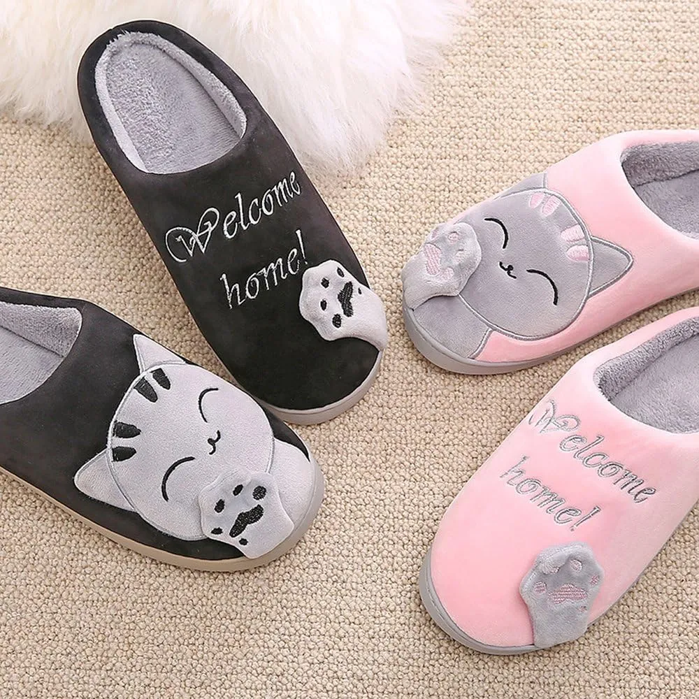 Rojeam Ladies Cute Cat Animal Plush Slip On Winter Warm Bedroom Shoes Non Slip House Slippers for Women Men