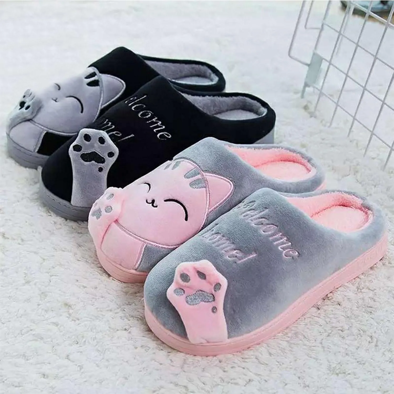 Rojeam Ladies Cute Cat Animal Plush Slip On Winter Warm Bedroom Shoes Non Slip House Slippers for Women Men