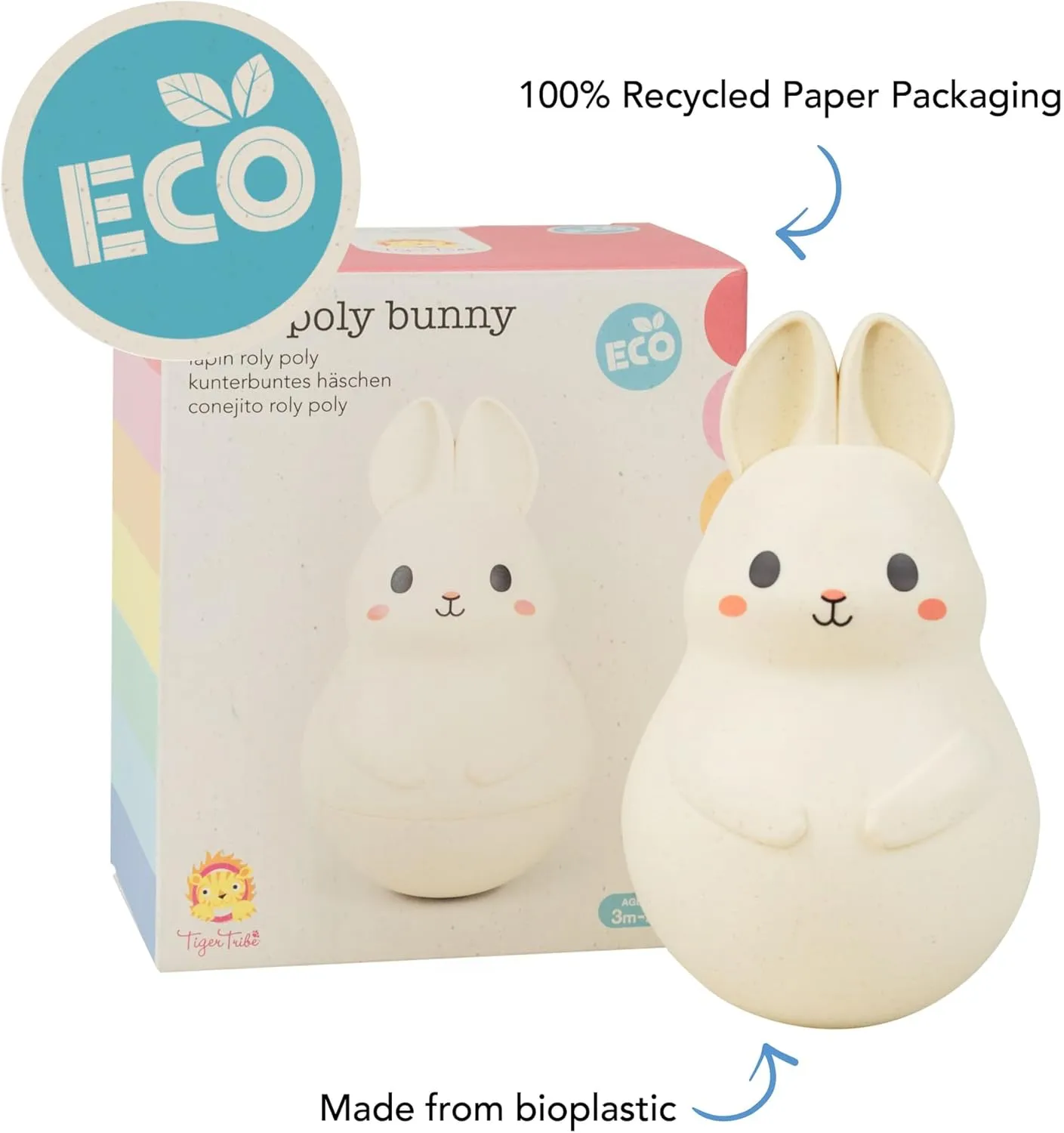 Roly Poly - Bunny, Tummy Time Baby Infant Toy, Wobbling, Soothing Sensory Toy, Gentle Tinkling Sound, ECO bioplastic, 3 Months - 2 Years