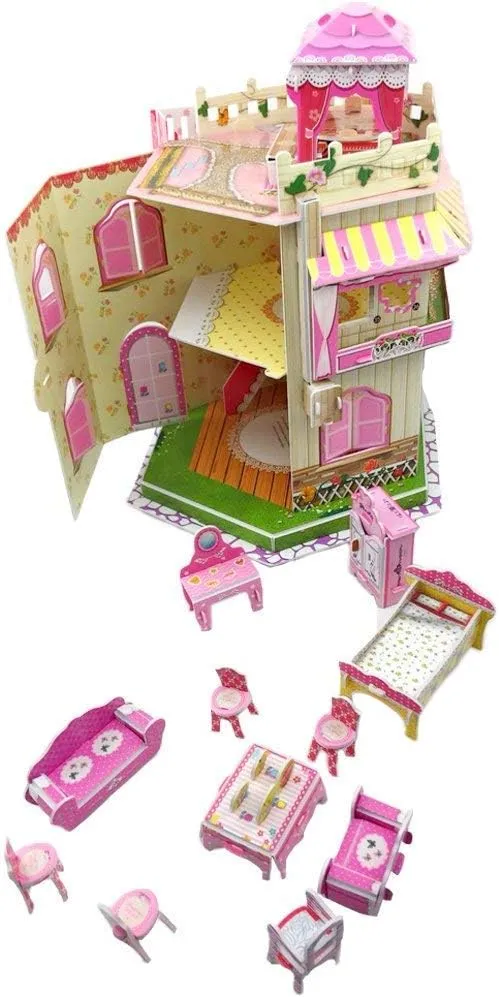 Rooftop Romance 3D Puzzle Dollhouse for Girls - Easy to Assemble 3-D Miniature Doll House Building Kit with LED Light for Kids - Educational Paper Jigsaw Puzzles - Perfect Craft Toys Gift - 101 Pcs