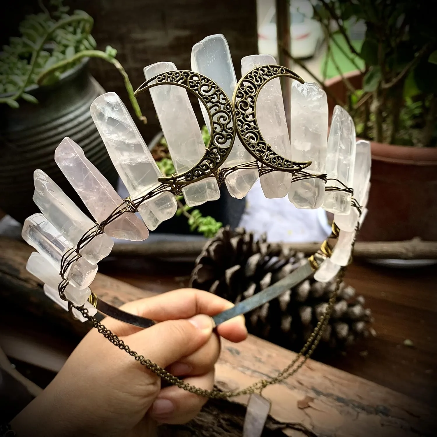 Rose Quartz Headband Crystal Tiaras Hair Accessories Moon Crystal Crown Lolita Wedding Party Ceremony Accessories Gifts (Color : Gold-Color)
