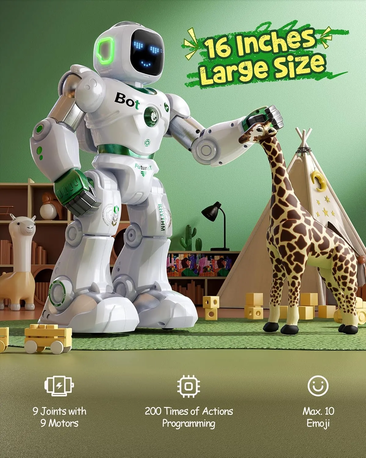 Ruko 1088 Large Robot Toys for Kids, Voice and App Control, Smart Remote Control Carle Robots, Programmable Interactive Music Girls Boys Toys, Gifts for Kids 4 5 6 7 8 9 Year Old, Green