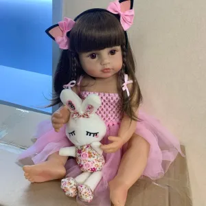 RXDOLL Reborn Baby Dolls Silicone Vinyl Full Body Girls 22 inches 55cm Toddlers Newborn Princesses Waterproof with Pink Dress Eyes Open for Birthday Xmas Gifts