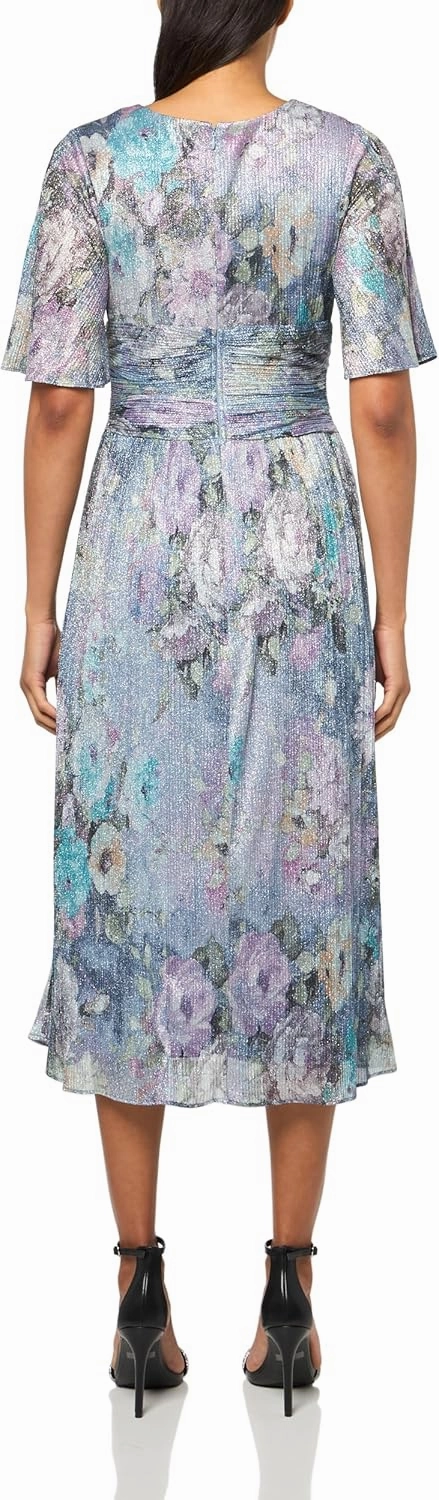 S.L. Fashions Women's Short Sleeve V-Neck Midi Cocktail Dress W/Ruched Waist, Wedding Guest Gown (Petite and Regular Sizes)