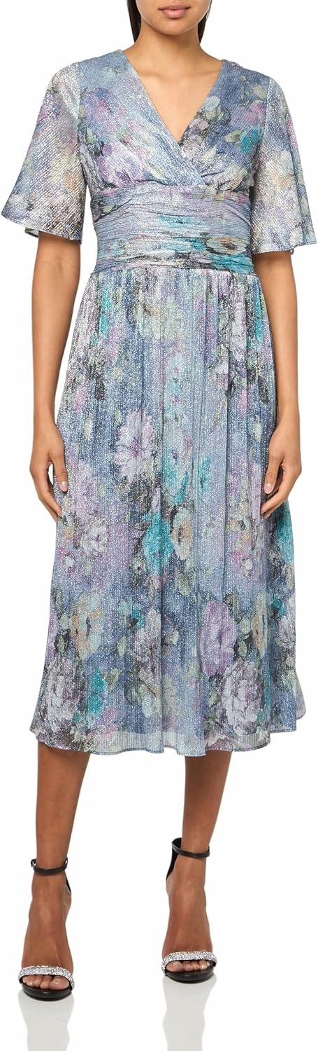 S.L. Fashions Women's Short Sleeve V-Neck Midi Cocktail Dress W/Ruched Waist, Wedding Guest Gown (Petite and Regular Sizes)