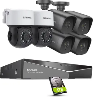 SANNCE 8 Channel Security CCTV Camera System 1080P, 2MP CCTV DVR with 4TB Hard Drive, 4X 1080P Bullet Surveillance Cameras, 2X PT Digital Zoom Dome Camera, Outdoor/Indoor Email & APP Alert