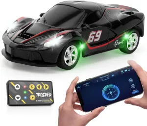 SASBSC 1:64 Mini Rc Drift Car for 3  Year Old Kids Adults 2.4 GHz Rechargeable App & Remote Control Desktop Race Car with Lights Fast Sport Toy Cars for Boys Girls Birthday (Black)