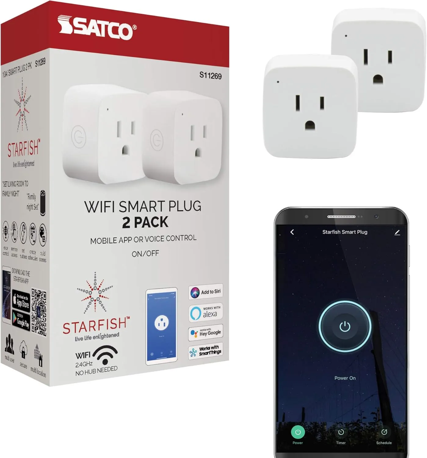 Satco S11269 Starfish 2-Inch Mini-Square On/Off WiFi Smart Plug Outlet, Works with Siri, Alexa, Google Assistant, SmartThings, White, 2 Pack