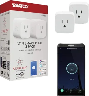 Satco S11269 Starfish 2-Inch Mini-Square On/Off WiFi Smart Plug Outlet, Works with Siri, Alexa, Google Assistant, SmartThings, White, 2 Pack