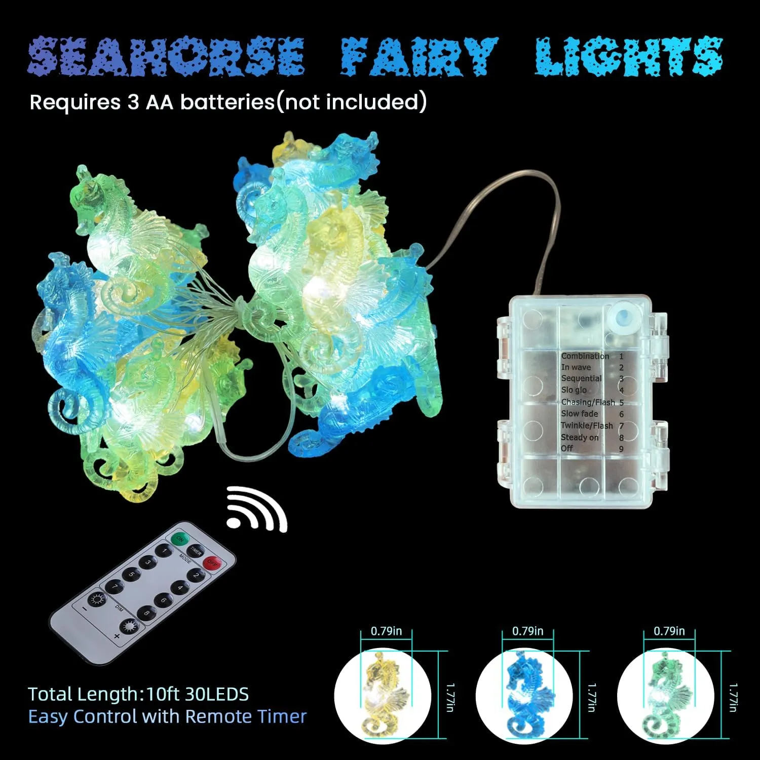 Seahorse String Lights Decorative Lights Ocean Fairy Lights Battery Operated String Lights Waterproof Beach Decoration for Bedroom Nautical Sea life 30LED 10ft Summer Christmas Window Room Decor