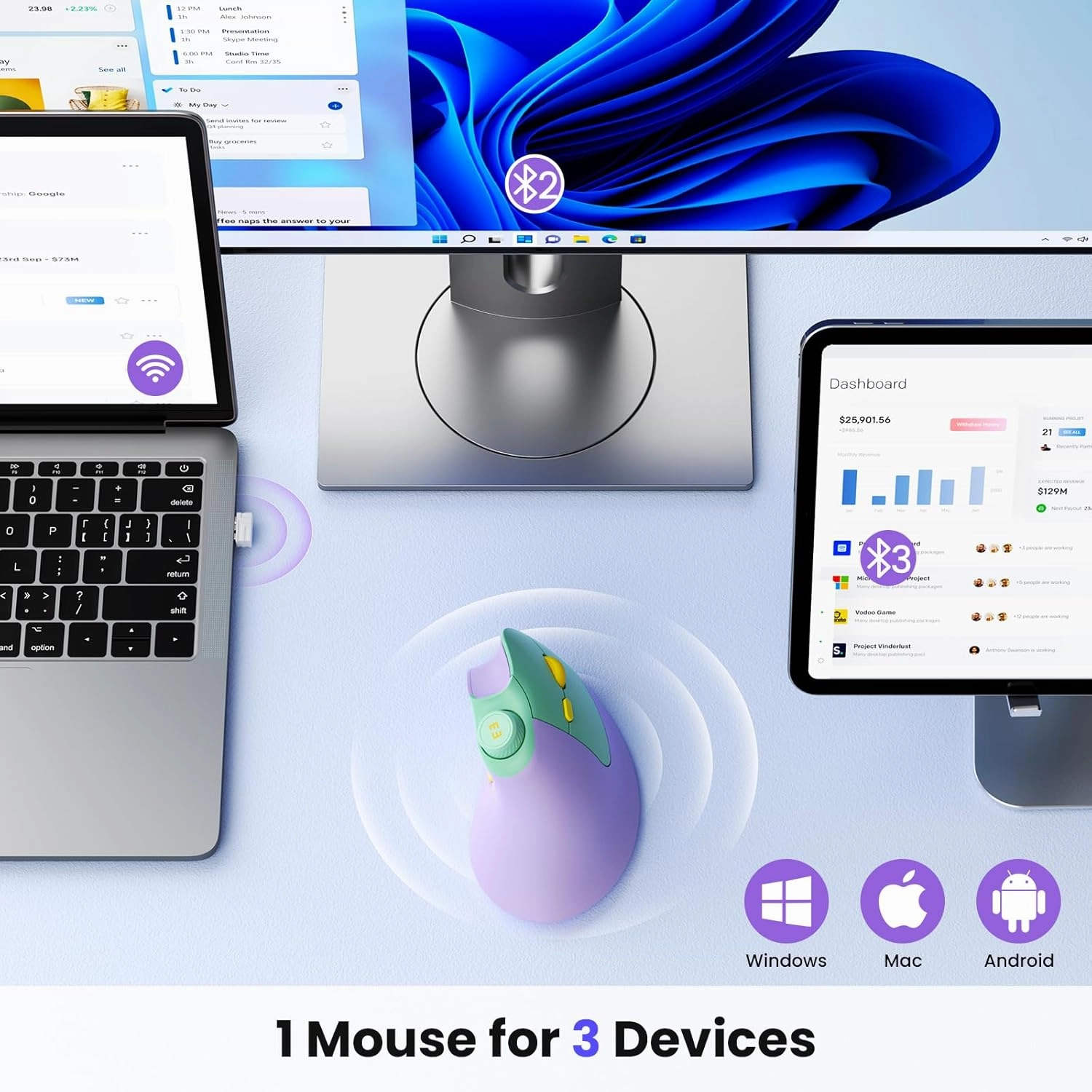 seenda Ergonomic Mouse Rechargeable, USB Dual Bluetooth, MOU-302 Vertical Wireless Mouse with Volume Knob, Quiet Clicks, Multi-Device Cordless Mice Compatible for Windows, PC, Laptop, Mac OS, Purple