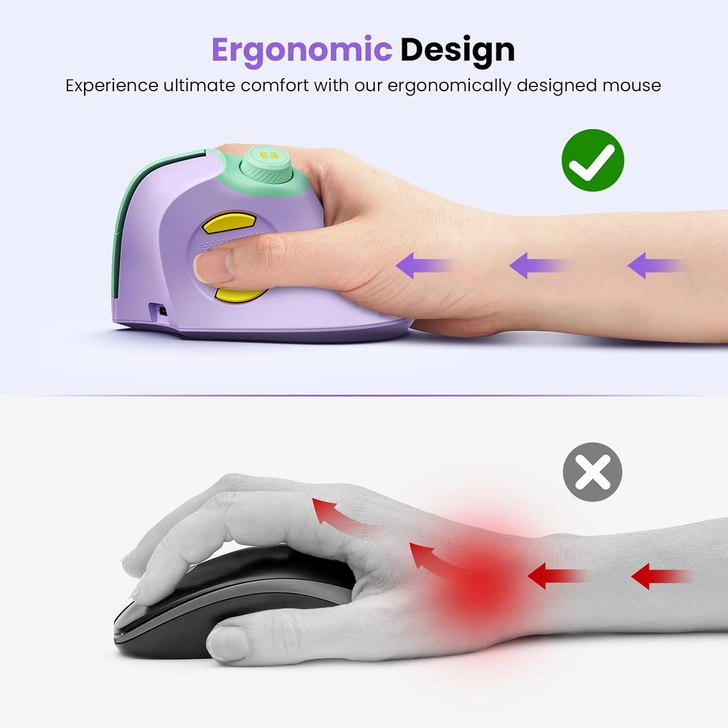 seenda Ergonomic Mouse Rechargeable, USB Dual Bluetooth, MOU-302 Vertical Wireless Mouse with Volume Knob, Quiet Clicks, Multi-Device Cordless Mice Compatible for Windows, PC, Laptop, Mac OS, Purple