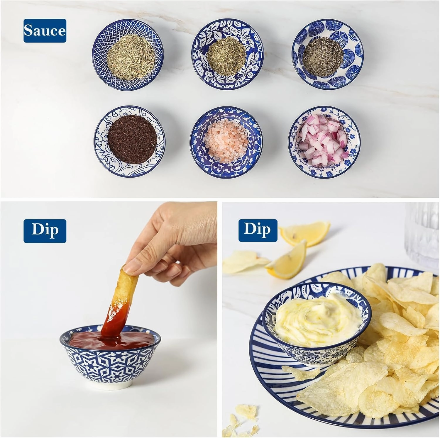 Selamica Ceramic Mini Bowl Set, 4 oz Dipping Bowls for Snack Side Dishes Condiment, Set of 6, Vintage Blue