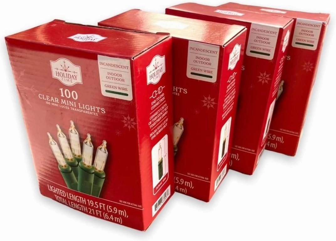 Set of 4 Holiday Time Mini Light Set, Clear Lights on Green Wire, 100 Count (Total 400 Count), Lighted Length is 19.5 feet Each Set.