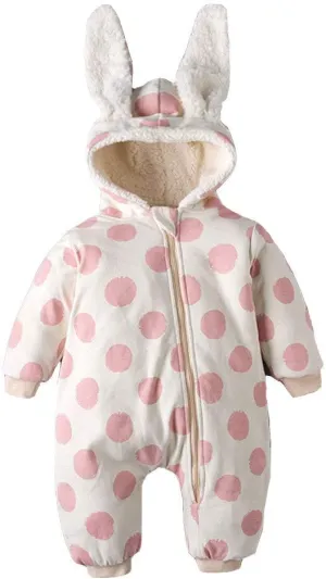 Simplee kids Unisex Baby Hooded Winter Outerwear Snowsuit Newborn Infant Warm Fleece Jumpsuit Romper for Toddler 18 Months (Pink Dots)