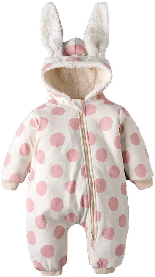Simplee kids Unisex Baby Hooded Winter Outerwear Snowsuit Newborn Infant Warm Fleece Jumpsuit Romper for Toddler 18 Months (Pink Dots)