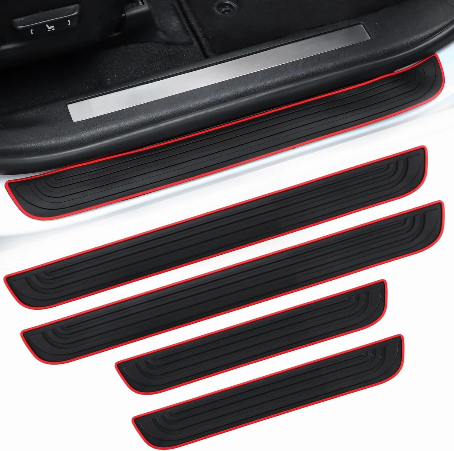 SINGARO Car Door Threshold Protection, 4PCS Door Edge Step Dust Shield Cover, Door Width 23.6x2.36inch Car/SUV Universal Rubber Scratch Resistant Exterior Accessories (Red borde)