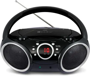 SINGING WOOD 030C Portable CD Player Boombox AM FM Analog Tuning Radio, Aux Line in, Headphone Jack, Foldable Carrying Handle (Black with a Touch of Grey Rims)