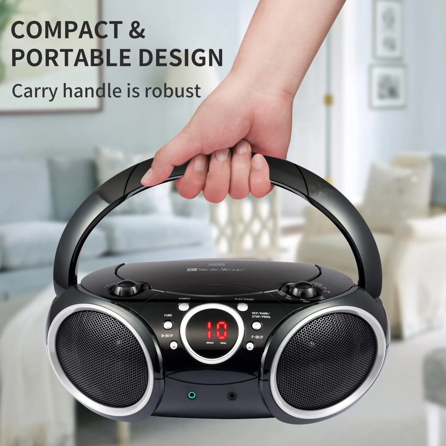 SINGING WOOD 030C Portable CD Player Boombox AM FM Analog Tuning Radio, Aux Line in, Headphone Jack, Foldable Carrying Handle (Black with a Touch of Grey Rims)