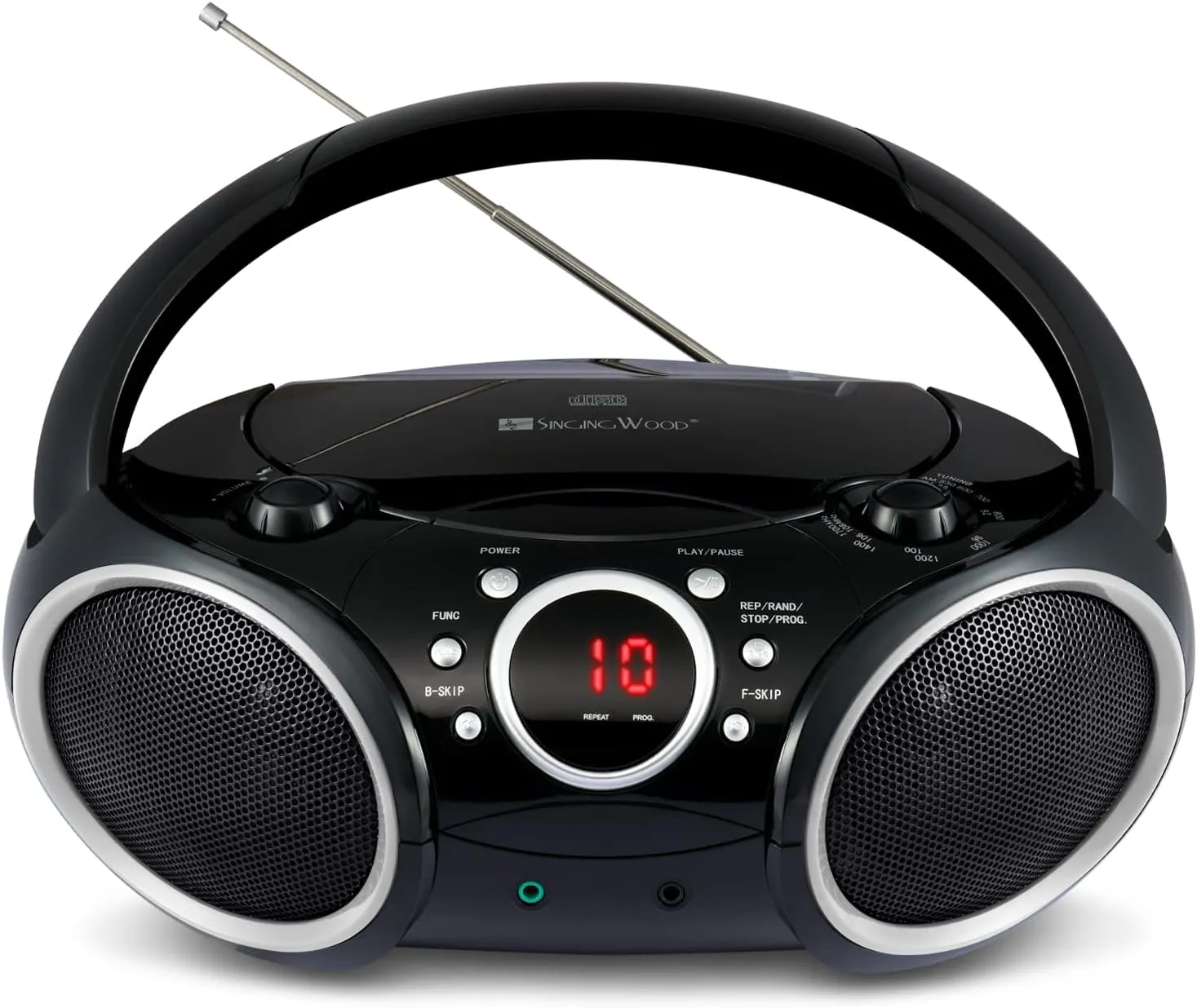 SINGING WOOD 030C Portable CD Player Boombox AM FM Analog Tuning Radio, Aux Line in, Headphone Jack, Foldable Carrying Handle (Black with a Touch of Grey Rims)