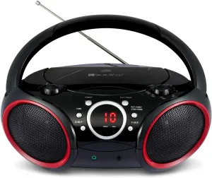 SINGING WOOD 030C Portable CD Player Boombox with AM FM Stereo Radio, Aux Line in, Headphone Jack, Supported AC or Battery Powered (Black with a Touch of Red Rims)